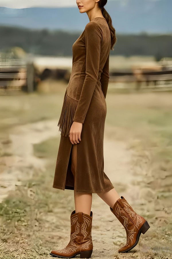 Solid Color Round Neck Long-sleeved Suede Slim-fit Tassel Midi Dress