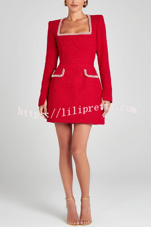 Girly and Glamorous Tweed Fabric Pearl Trim Long Slit Sleeve Pocketed Mini Dress