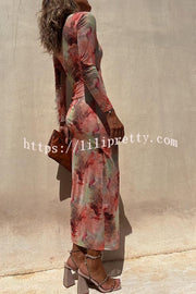 Lilipretty Charm Lady Mesh Overlay Tie Dye Print Long Sleeve Ruched Stretch Midi Dress