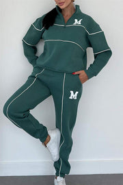 Fashionable Letter Striped Long-sleeved Sweatshirt and Elastic Waist Casual Pocket Pants Set