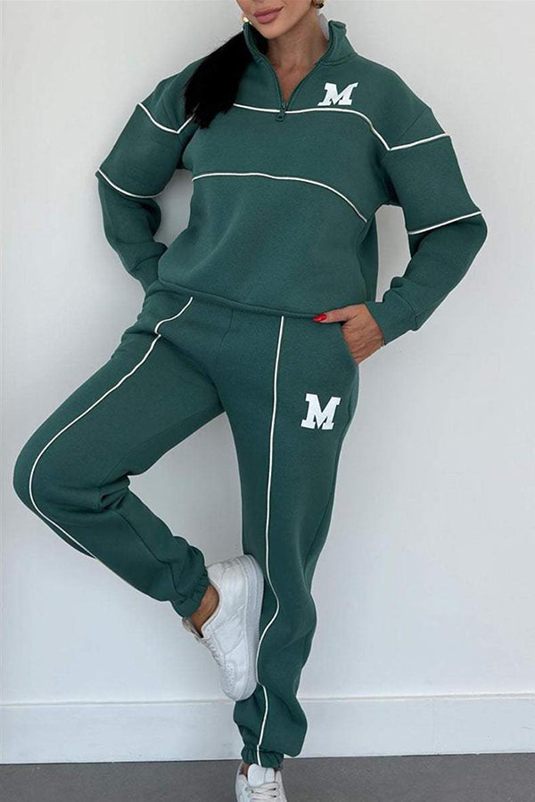 Fashionable Letter Striped Long-sleeved Sweatshirt and Elastic Waist Casual Pocket Pants Set