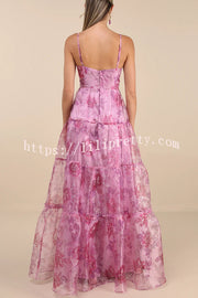Exclusive Glamour Organza Floral Print Tiered Slip Maxi Dress