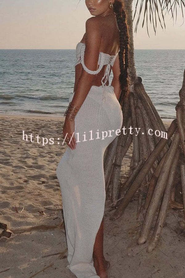 Kala Crochet Knit Braid Waist Slit Stretch Maxi Skirt