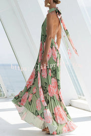 Opera Pleated Floral Halter Asymmetric Hem A-line Maxi Dress