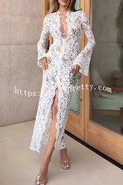 Garcelle Floral Lace Lace-up Long Bell Sleeve Slit Midi Dress