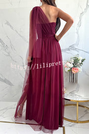 Feeling Galm Tulle Knotted One Shoulder Pleated Slit Maxi Dress