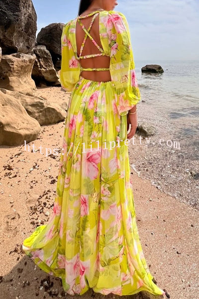 Beach Hour Printed Balloon Sleeve Cutout Back Elastic Lace-up Slit Maxi Dress