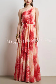 Floral Print One Shoulder Waist Tie Full Hem Resort Style Maxi Dress