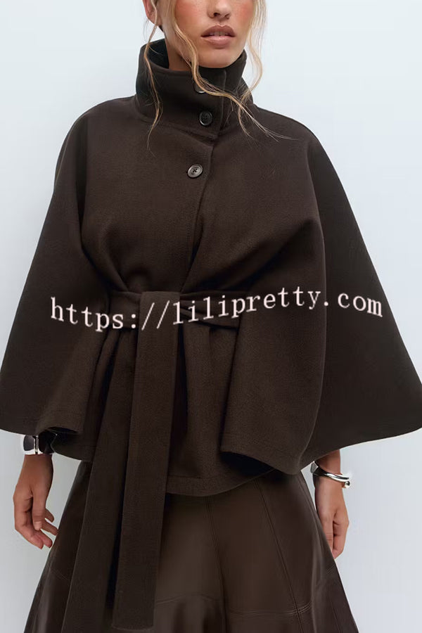 Fashionable Stand Collar Button Waist Tie Loose Cape