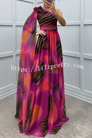 Lucia Unique Print Floral Detail One Shoulder Draped Sleeve Gown Maxi Dress