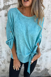 Solid Color Casual Round Neck Loose Knot Top