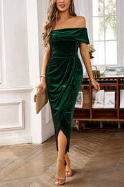 Solid Color Velvet Off-shoulder Slim-fit Elegant Slit Midi Dress