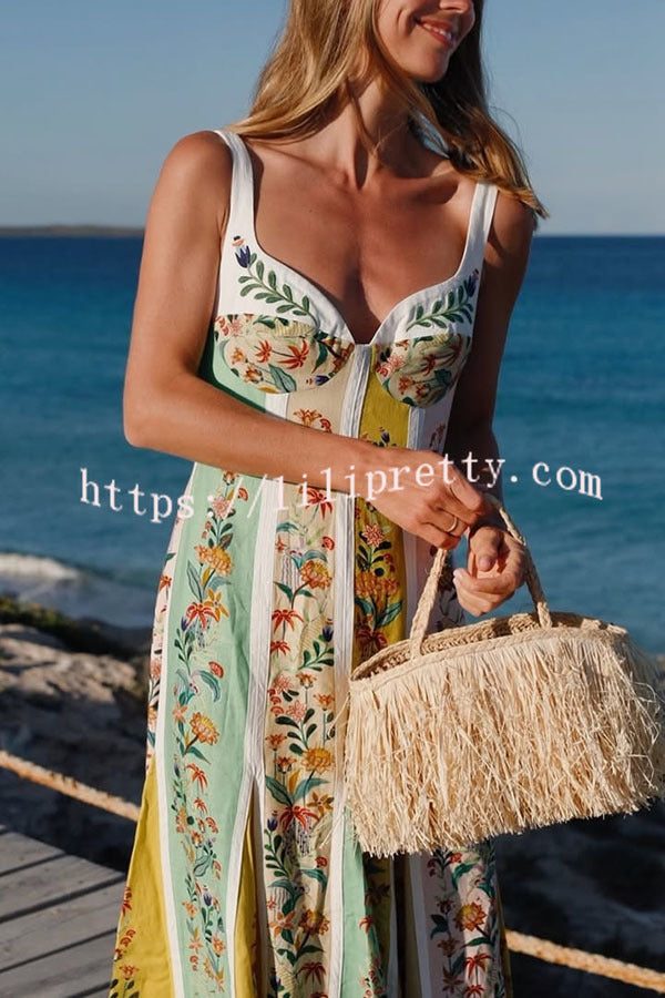 Sweet Garden Linen Blend Color Block Floral Paneled Maxi Dress
