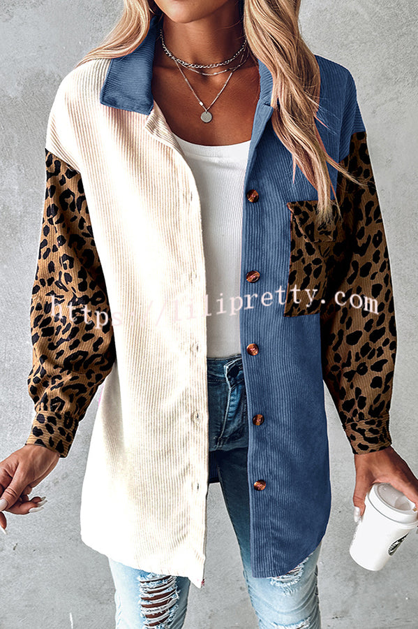 Lilipretty Colorblock Leopard Print Corduroy Long Sleeved Button Down Coat