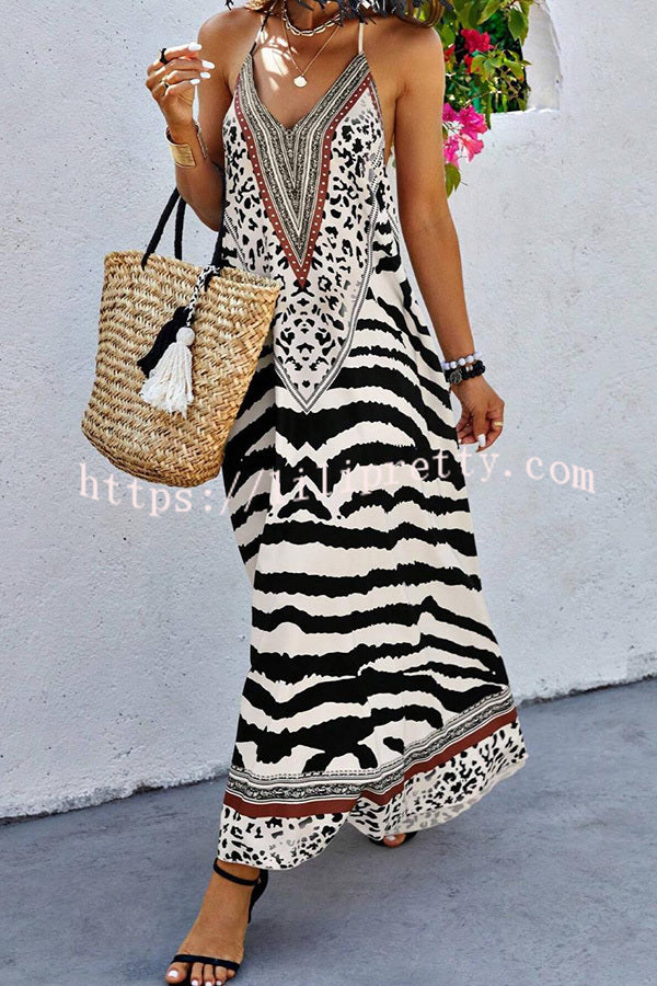 Zebra Print V-neck Open Back Loose Maxi Dress