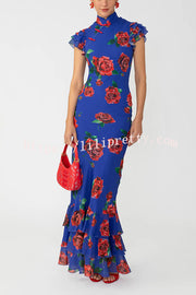 Cheongsam Style Rose Print Layered Trumpet Sleeves Stand Collar Maxi Dress