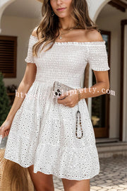 Solid Color Off Shoulder Embroidered Cutout Gathered Mini Dress