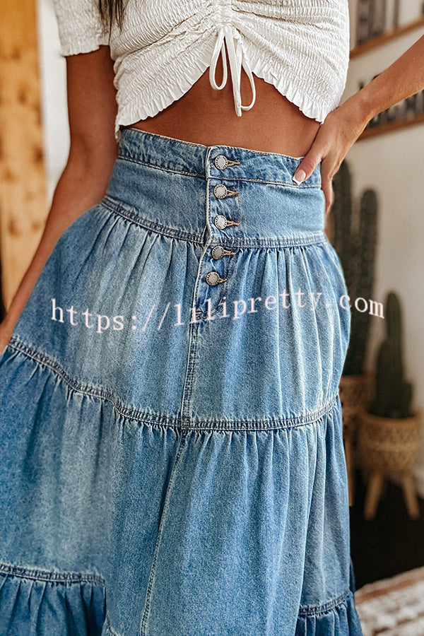 Bohemian High Rise Button Up Loose Denim Pocket Maxi Skirt