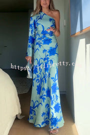 Satin Botanical Print One-Sleeve Resort Maxi Dress