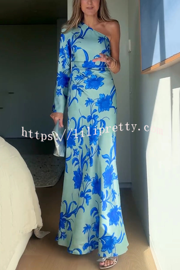 Satin Botanical Print One-Sleeve Resort Maxi Dress
