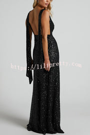 All The Sparkle Sequin Cowl Neck Backless Slit Stretch Maxi Dress