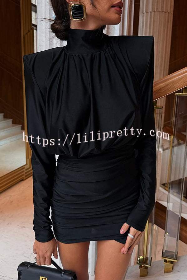 Stylish High-Neck Long-Sleeved Slim-Fit Pleated Mini Dress