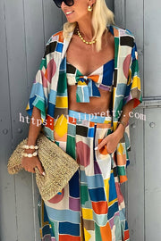 Summer Colors Printed Kimono + Knotted Tank + Elastic Waist Pocket Three-pieces Pants Set