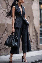 Fashion Sleeveless Lapel Suit Vest and Casual Pocket Straight Pants Set