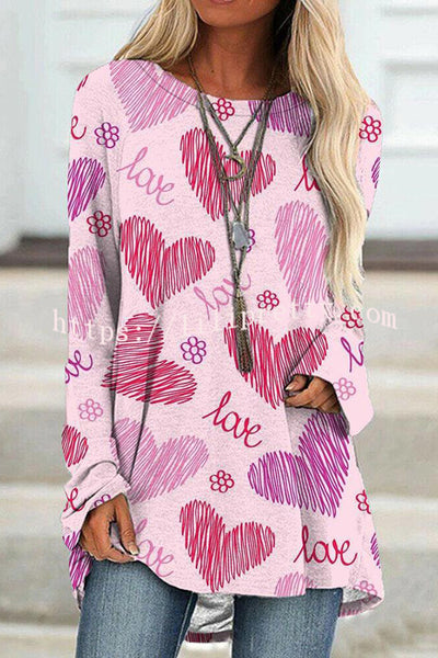 Round Neck Valentine's Day Printed Long Sleeved T Shirt