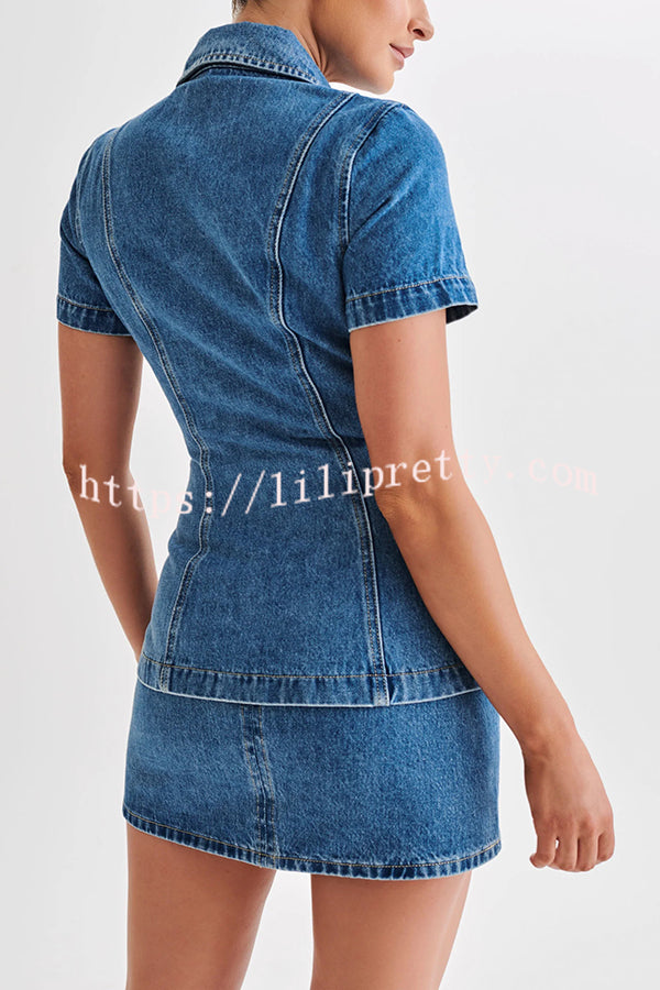 Modern Flavor Denim Short Sleeve Button Up Princess Seams Stretch Top