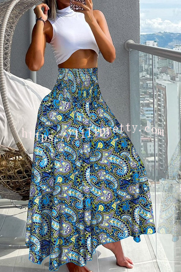 Unique Printed Pleated Elastic Waist Holiday Casual Maxi Skirt