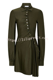 Marvis Button-embellished Long Sleeve Asymmetrical Drape Shirt Midi Dress