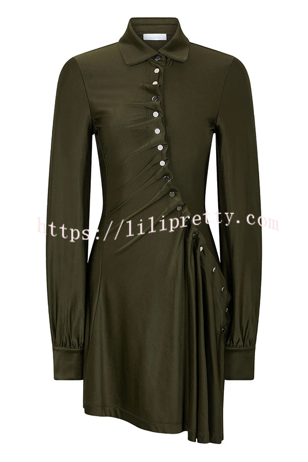Marvis Button-embellished Long Sleeve Asymmetrical Drape Shirt Midi Dress