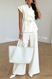 Modern City Double Breasted Belted Wide Short Sleeve Suit and Elastic Waist Loose Pants Set