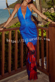 Floral Print Sexy Halterneck Open Back Pleated Slim Maxi Dress