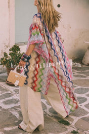 Sun Washed Knit Colorful Zigzag Pattern Asymmetric Hem Loose Cover-ups Kaftan