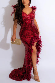 Sexy Feather Sequin Backless Fit Asymmetrical Maxi Dress