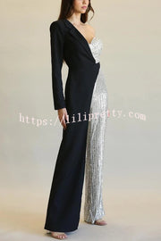 Fashionable Sequined Patchwork One-sided Long-sleeved Asymmetrical Jumpsuit