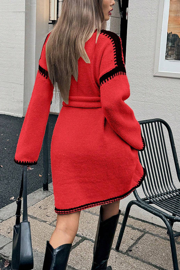 Stylish Loose-fitting Long-sleeved Tie-waist Knit Mini Dress