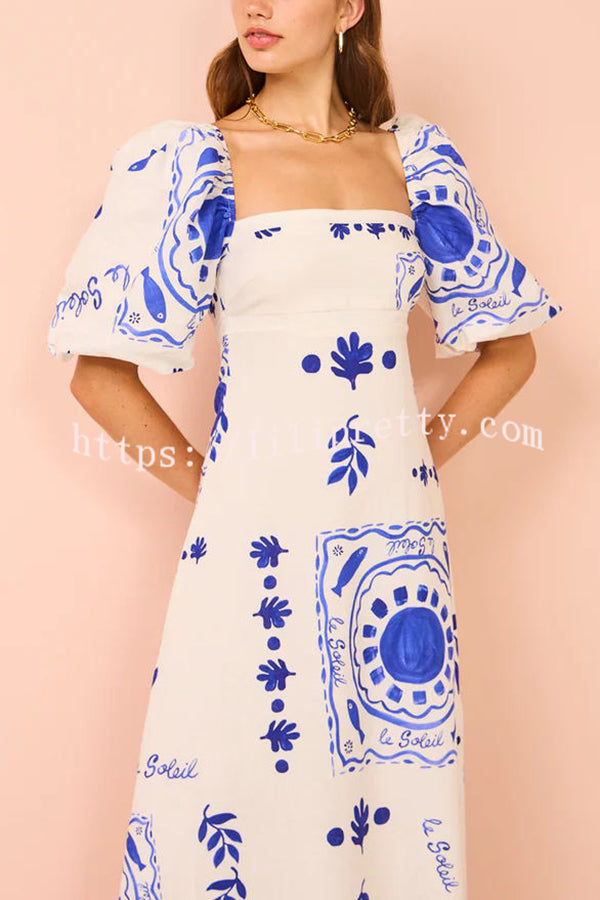 Lilipretty® Sherbert Linen Blend Unique Print Square Neck Bubble Sleeve Maxi Dress