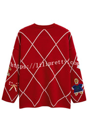 Argyle Candy Gingerbread Man Embroidered Button-knit Cardigan