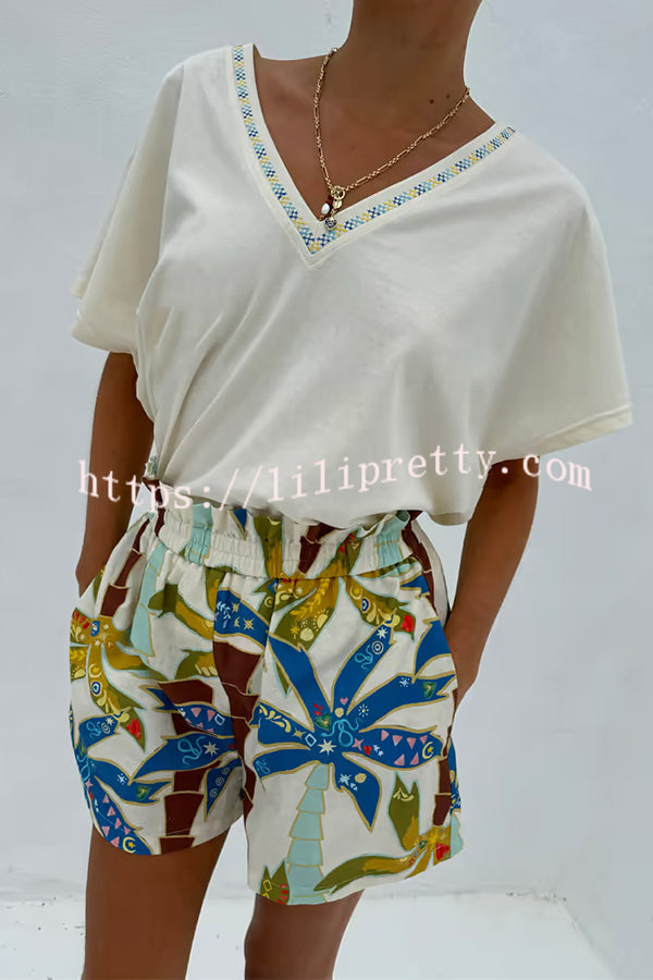 Linen Blend Resort Coconut Palm Print Long Sleeve Lapel Shirt and Elastic Waist Casual Pocket Shorts Set