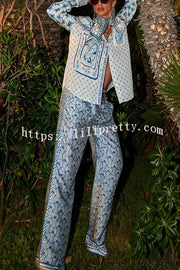 Stylized Dragon Satin Unique Print Long Sleeve Loose Shirt and Elastic Waist Pants Set