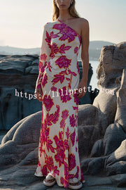 Rhia Satin Floral Print One Shoulder Flared Maxi Dress