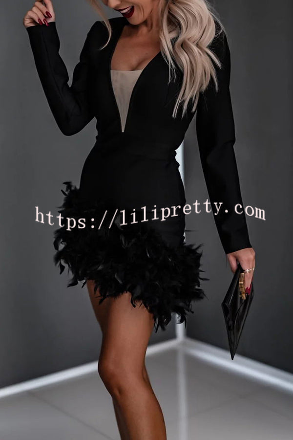 Make Your Entrance Feather Long Sleeve Asymmetric Party Mini Dress
