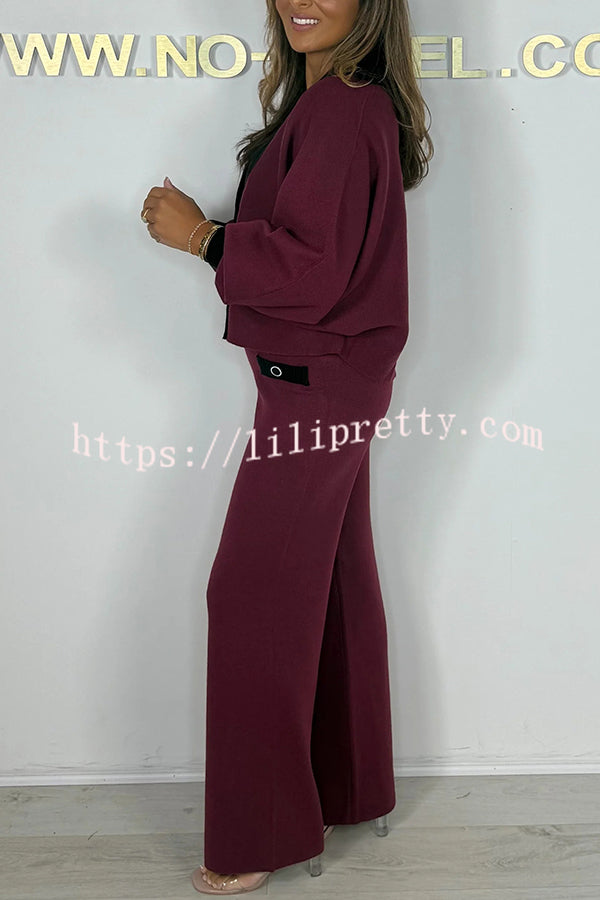 Fashion Contrast Color V-neck Loose Cardigan and Elastic Waist Casual Pants Set