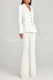 Women Power Metal Cross Snap Button Long Sleeve Lapel Blazer