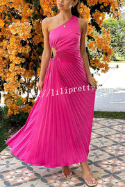 Charming One Shoulder Lace Up Cutout Pleated Maxi Dress