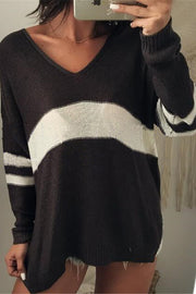 Fashionable Patchwork V-neck Long-sleeved Knitted Sweater