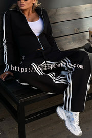 Fashionable Sports Style Striped Long-sleeved Jacket and Elastic Waist Casual Pants Set